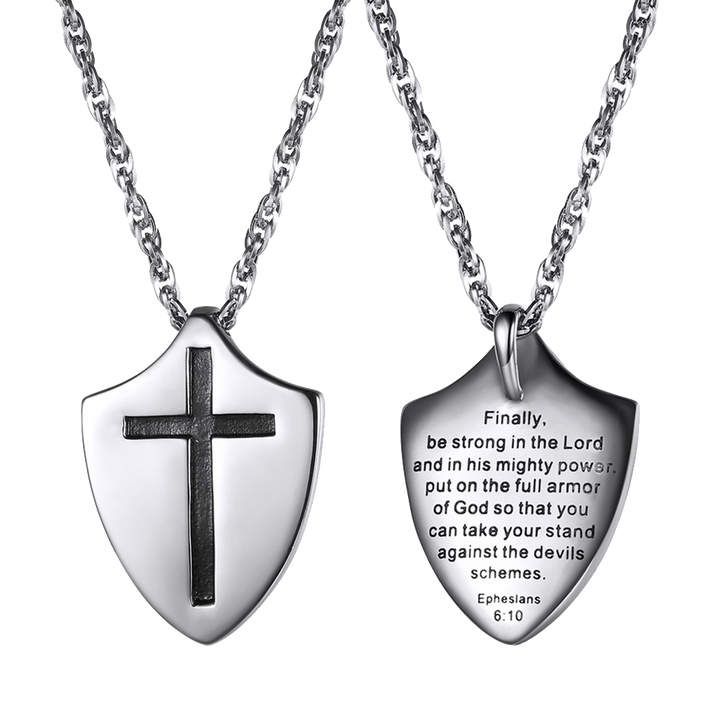 Christian Cross Shield Pendant Necklace with Ephesians 6:10 for Men
