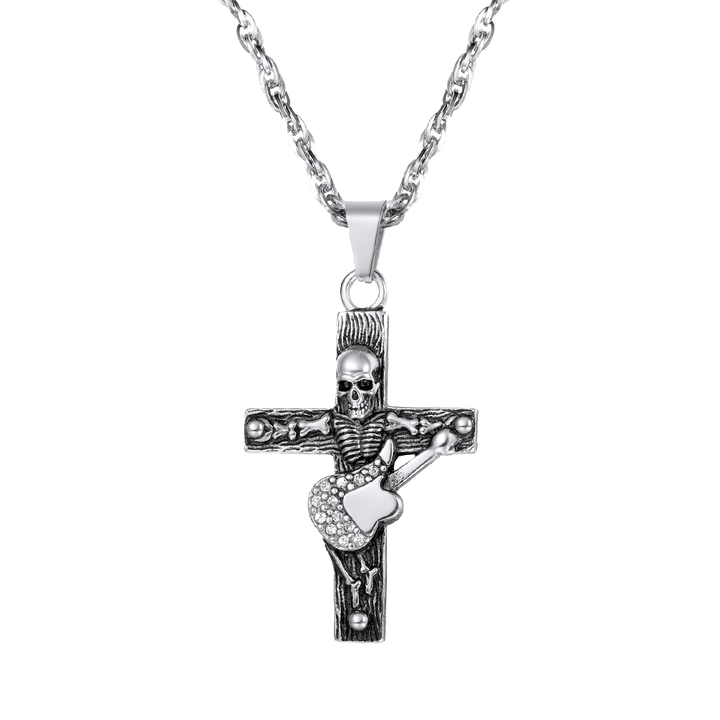 Punk Skull Guitar Cross Necklace for Men