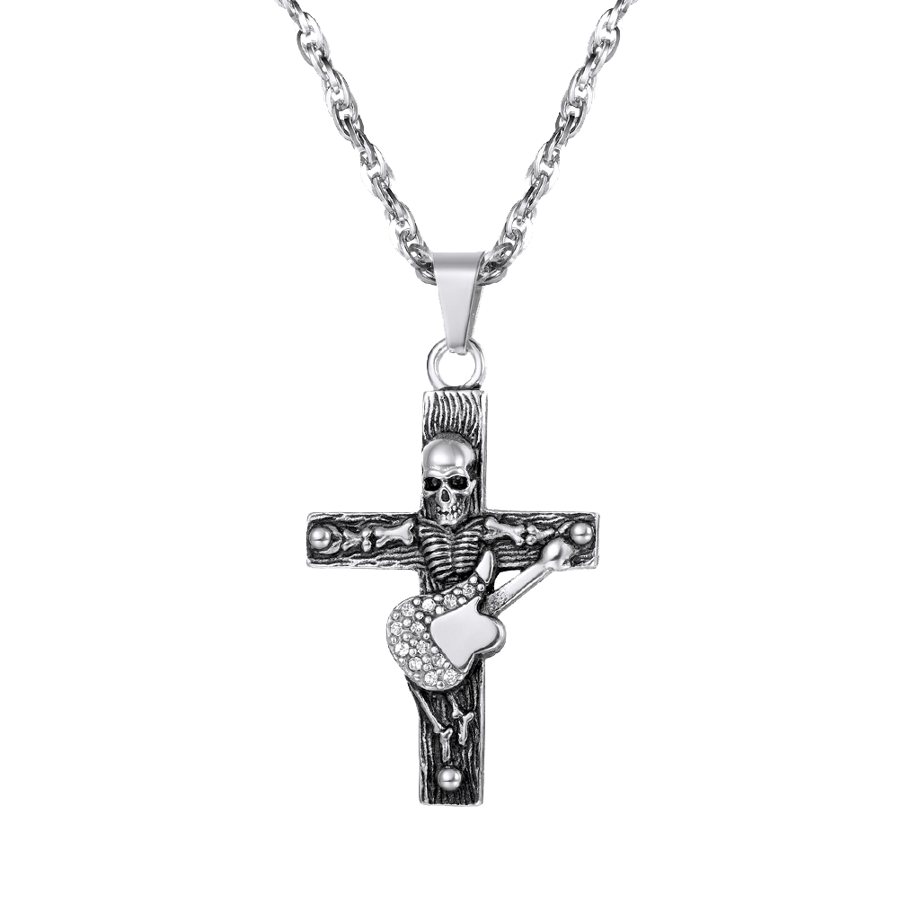 Punk Skull Guitar Cross Necklace for Men