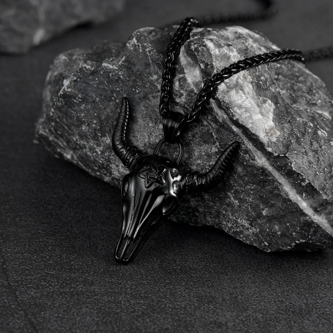 Flash Sale Satanic Bull Cow Skull Necklace with Invert Pentagram for Men