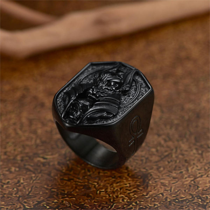 Ancient Egyptian Anubis Signet Ring With Ankh Cross for Men