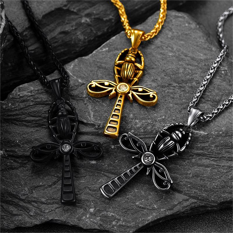 Egyptian Scarab Ankh Cross Necklace For Men Women