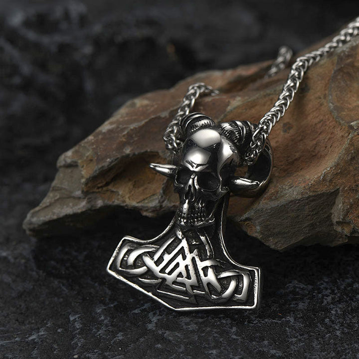 Viking Mjolnir Thor's Hammer Skull Necklace Pendant for Men