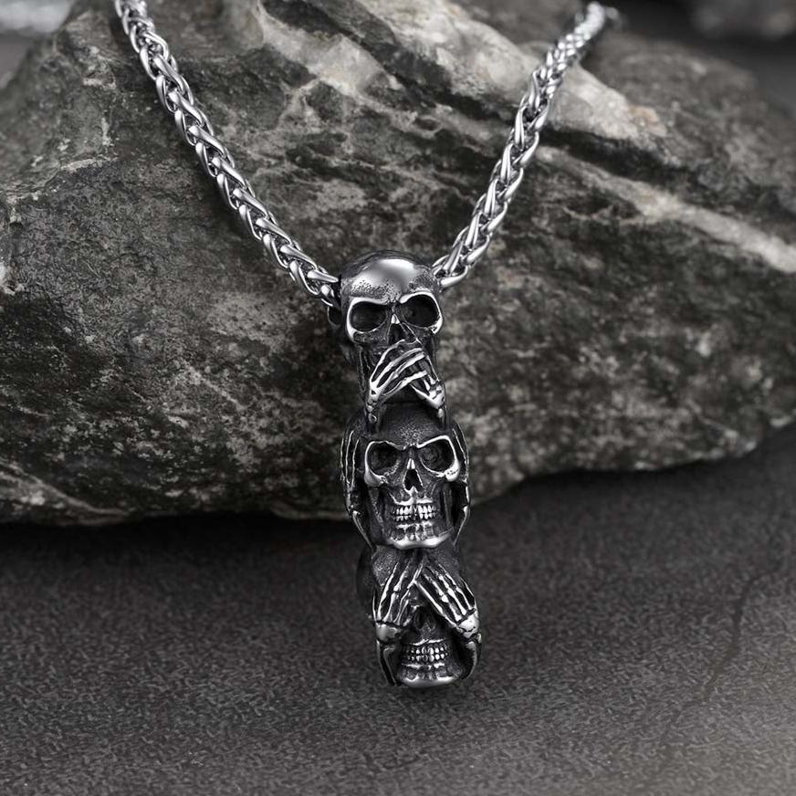 See No Evil, Hear No Evil, Speak No Evil Skull Necklace For Men