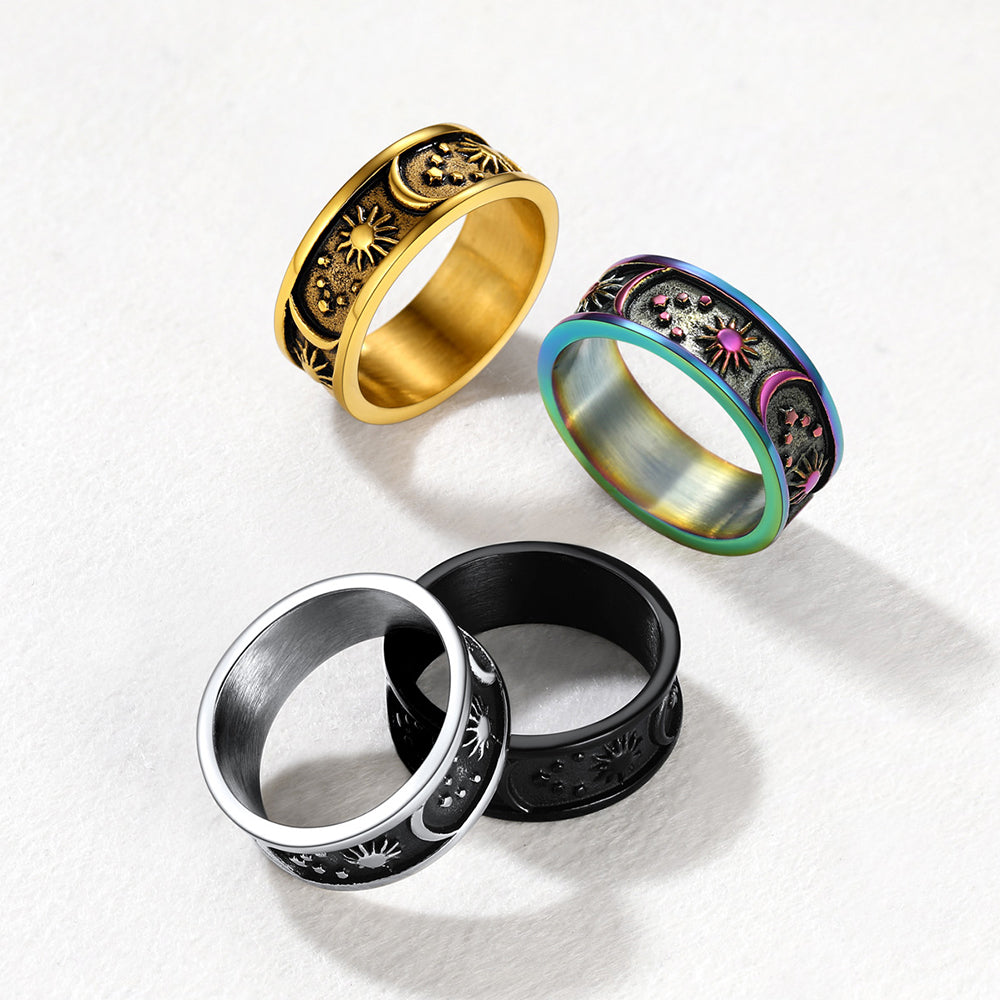 Stainless Steel Sun Moon Star Band Ring For Men