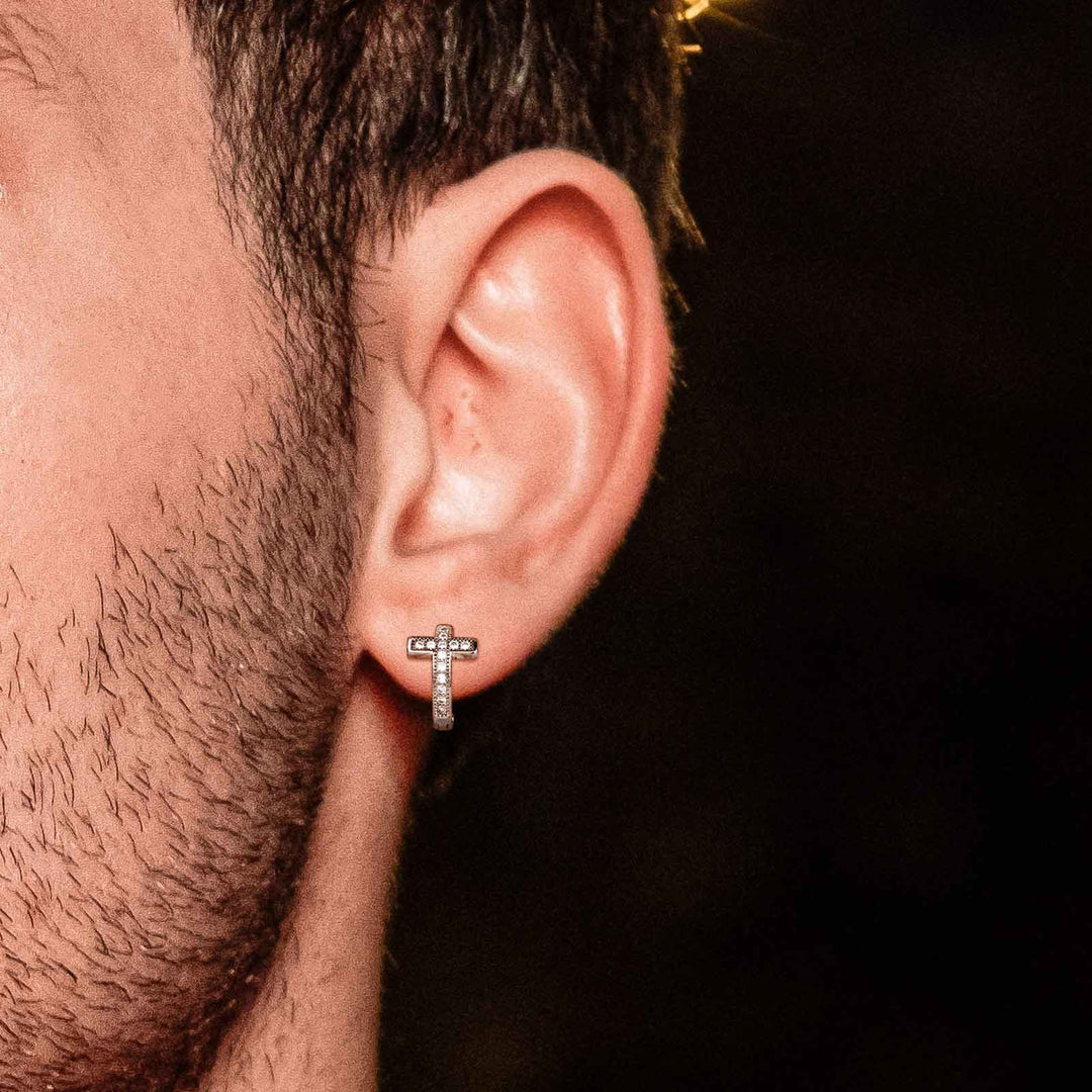 Cubic Zirconia Cross Hoop Earrings For Men