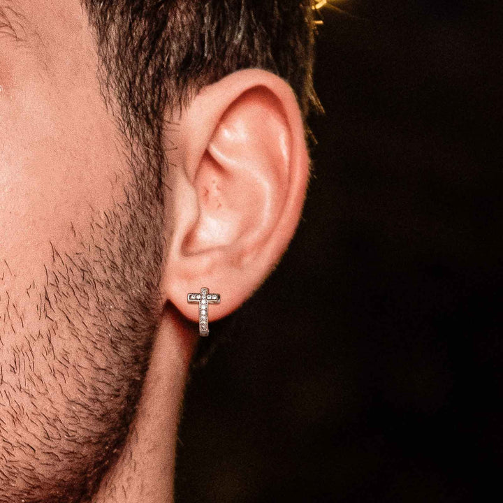 Cubic Zirconia Cross Hoop Earrings For Men