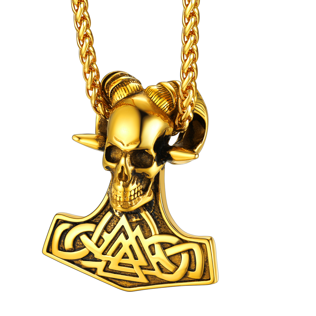 Viking Mjolnir Thor's Hammer Skull Necklace Pendant for Men