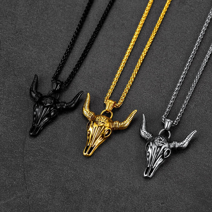 Flash Sale Satanic Bull Cow Skull Necklace with Invert Pentagram for Men