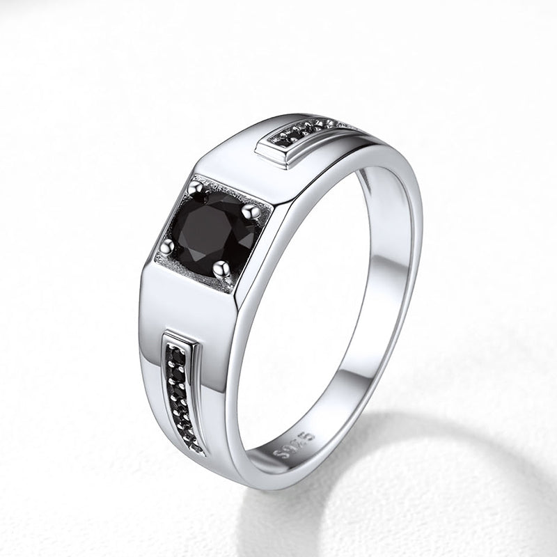 Men's Black Onyx Ring Diamond Ring in Sterling Silver