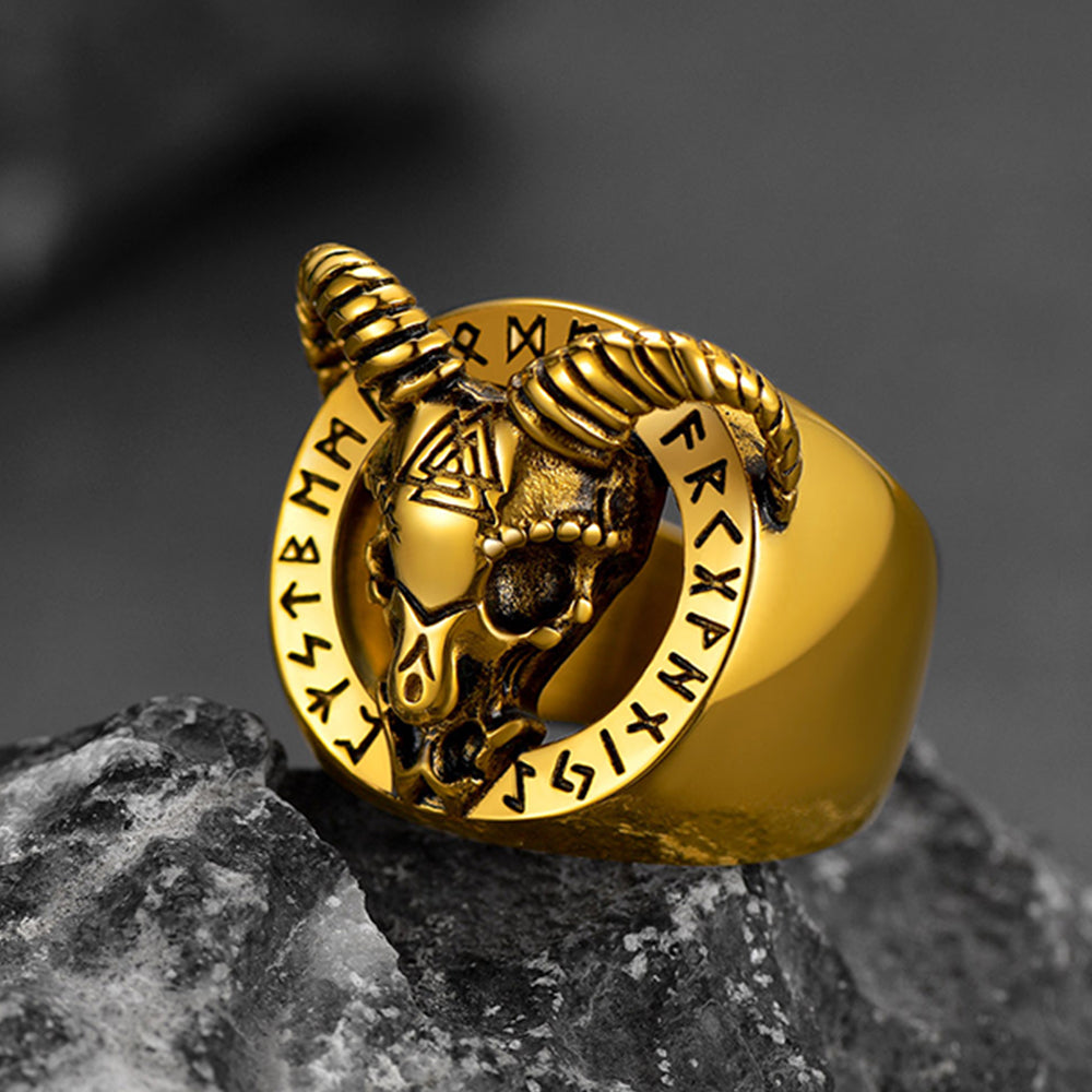 Satanic Goat Skull Ring With Viking Runes For Men