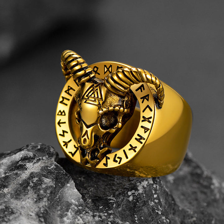 Satanic Goat Skull Ring With Viking Runes For Men