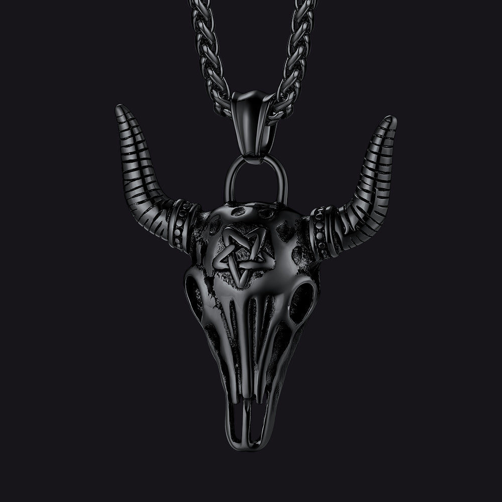 Flash Sale Satanic Bull Cow Skull Necklace with Invert Pentagram for Men