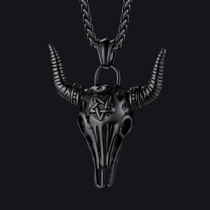 Flash Sale Satanic Bull Cow Skull Necklace with Invert Pentagram for Men