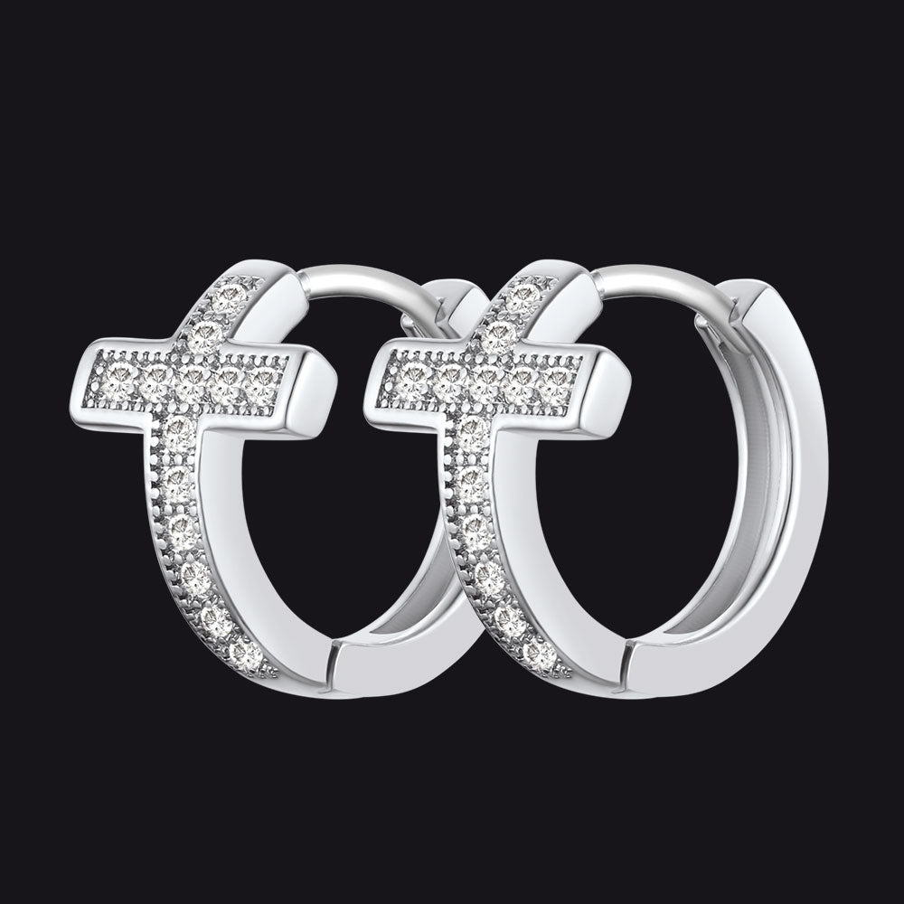 Cubic Zirconia Cross Hoop Earrings For Men