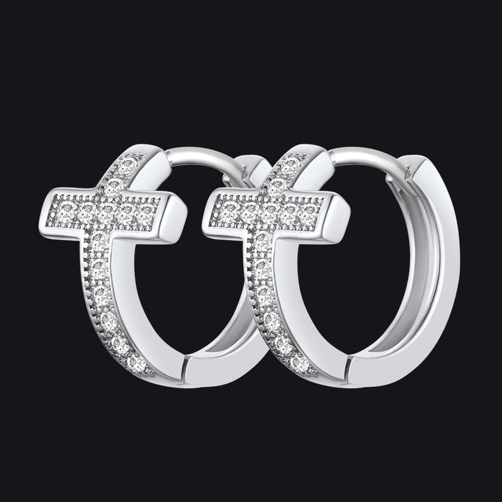 Cubic Zirconia Cross Hoop Earrings For Men