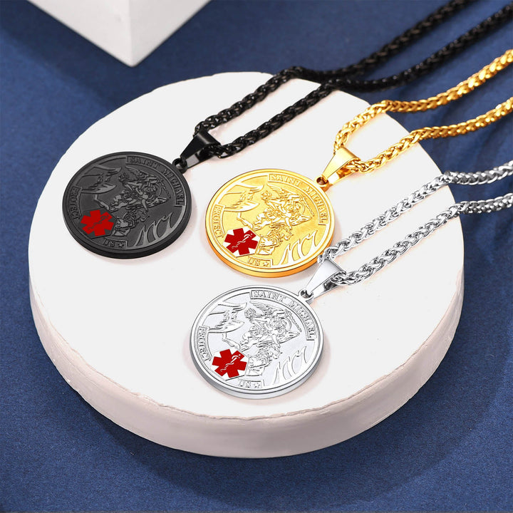 Engraved Saint Michael Medical Alert ID Pendant Necklace
