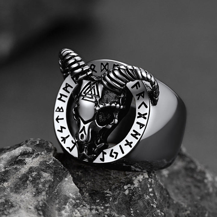 Satanic Goat Skull Ring With Viking Runes For Men