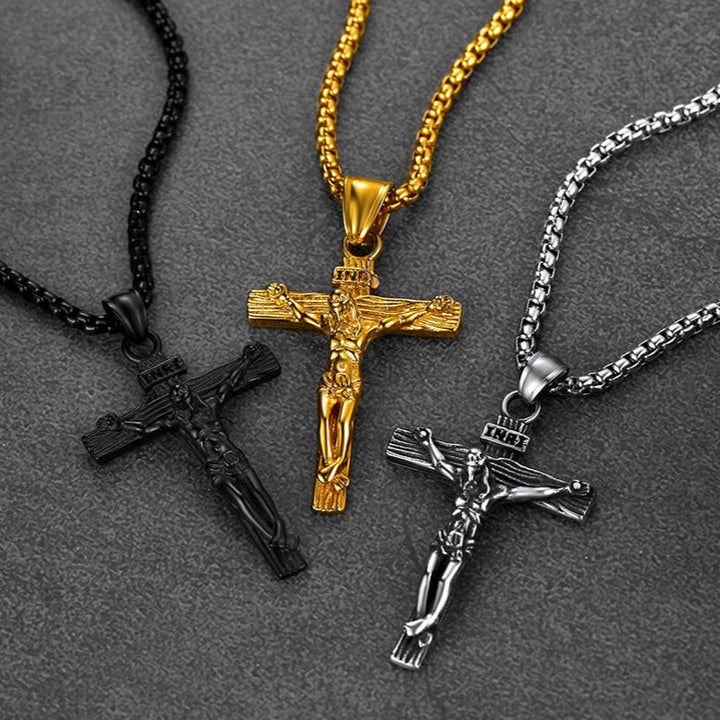 Flat Box Chain & Jesus Cross Layered Necklaces Set for Men