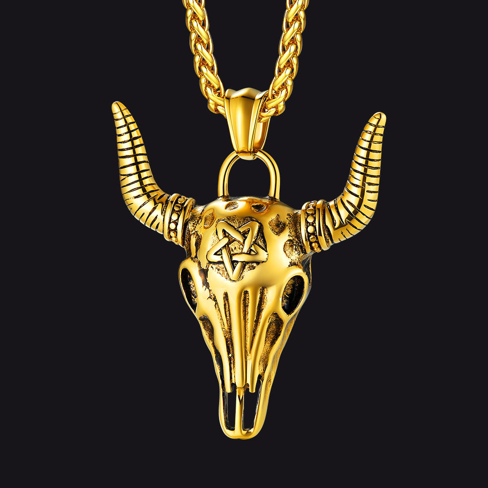 Flash Sale Satanic Bull Cow Skull Necklace with Invert Pentagram for Men