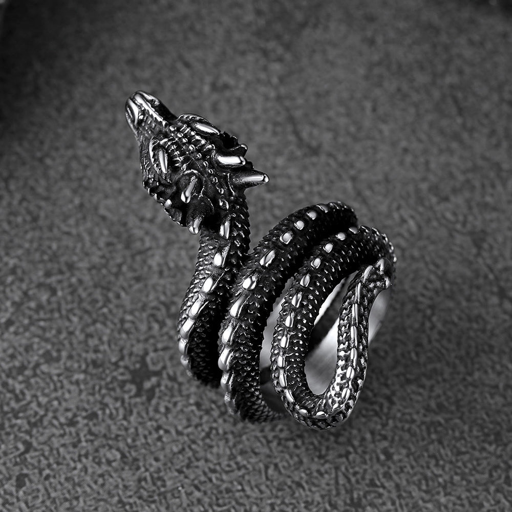 Punk Coiled Dragon Stainless Steel Ring for Men and Women