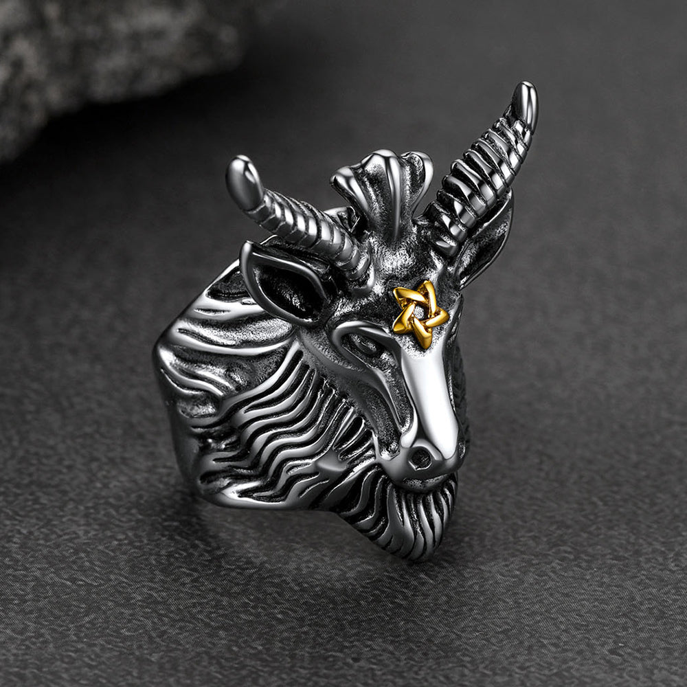 Satanic Baphomet Goat Ring For Men With Pentagram