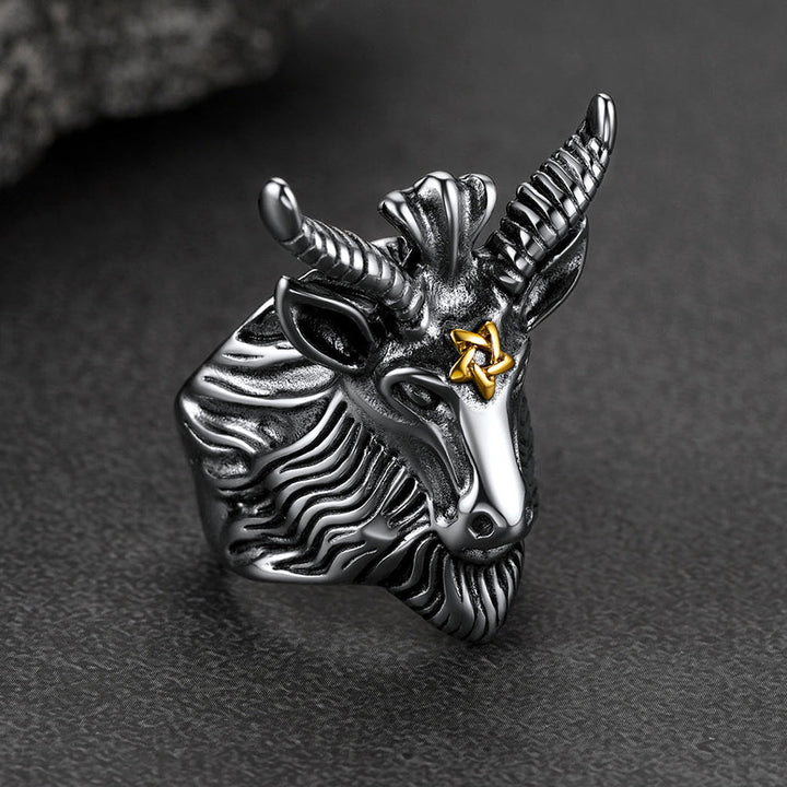 Satanic Baphomet Goat Ring For Men With Pentagram