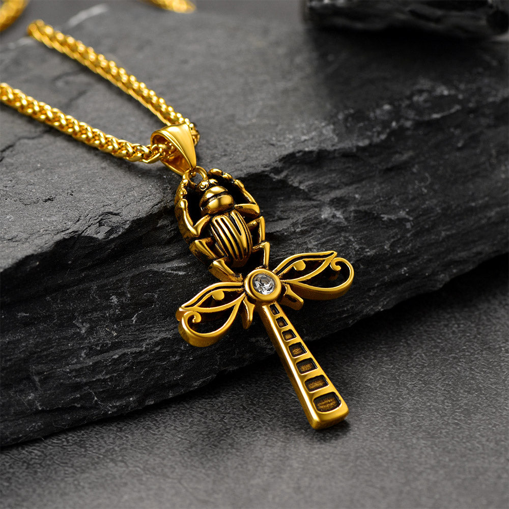Egyptian Scarab Ankh Cross Necklace For Men Women