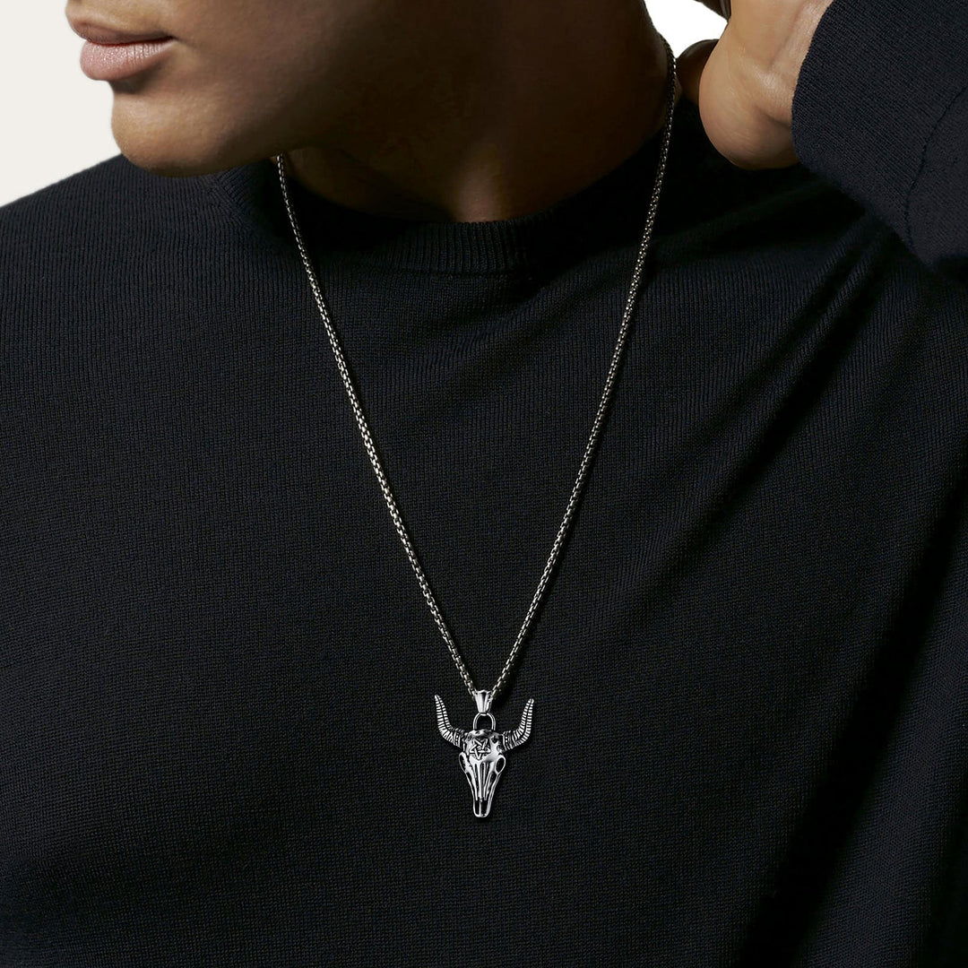 Flash Sale Satanic Bull Cow Skull Necklace with Invert Pentagram for Men