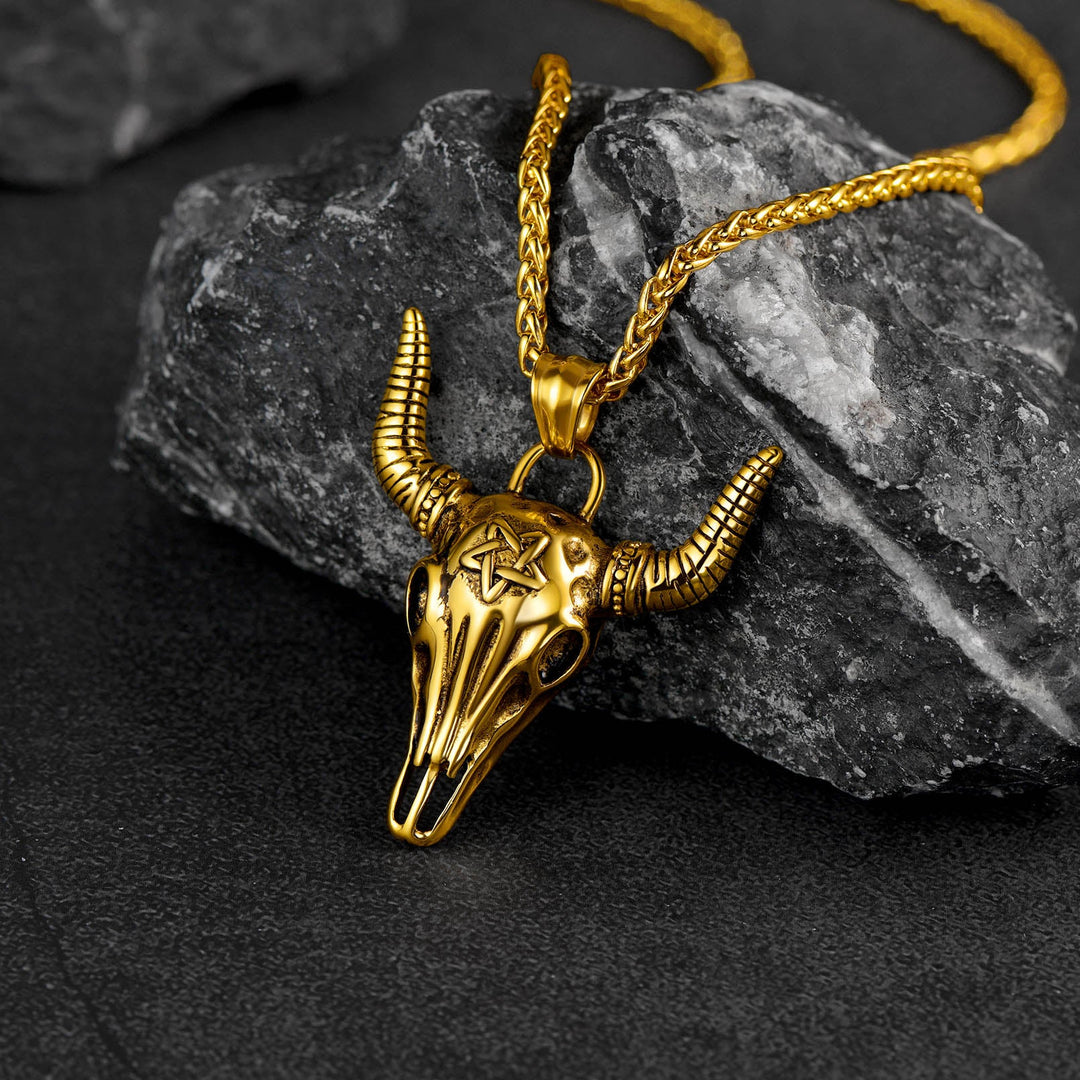Flash Sale Satanic Bull Cow Skull Necklace with Invert Pentagram for Men