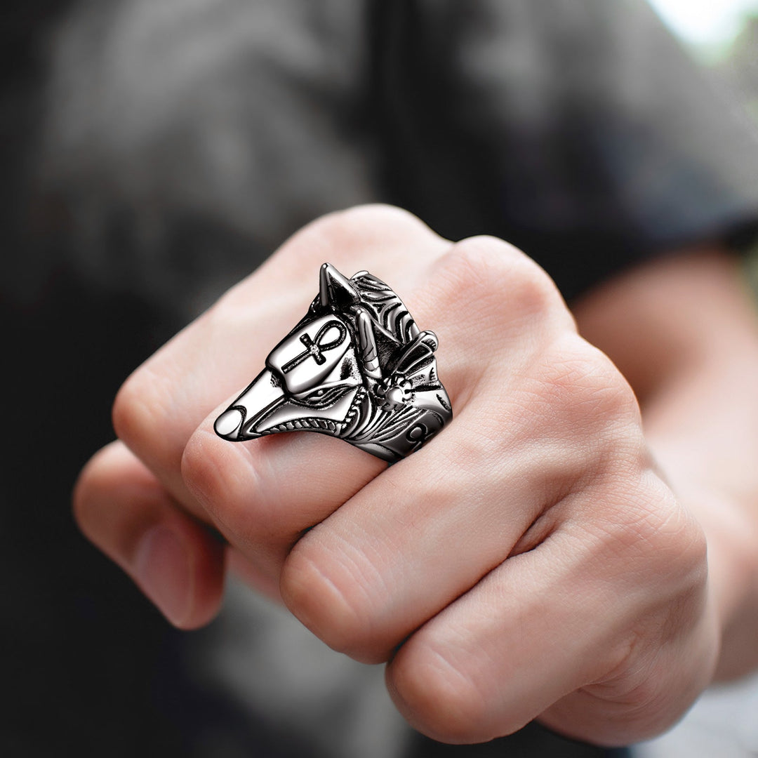 Ancient Egyptian Anubis Ring With Ankh Cross For Men