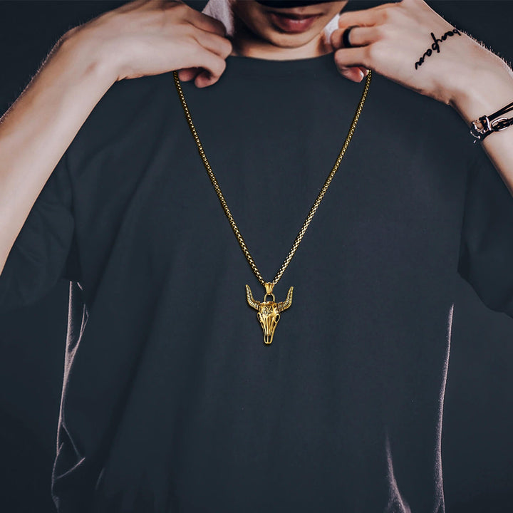 Flash Sale Satanic Bull Cow Skull Necklace with Invert Pentagram for Men