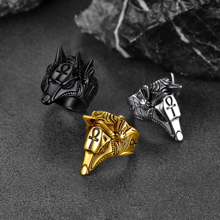 Ancient Egyptian Anubis Ring With Ankh Cross For Men