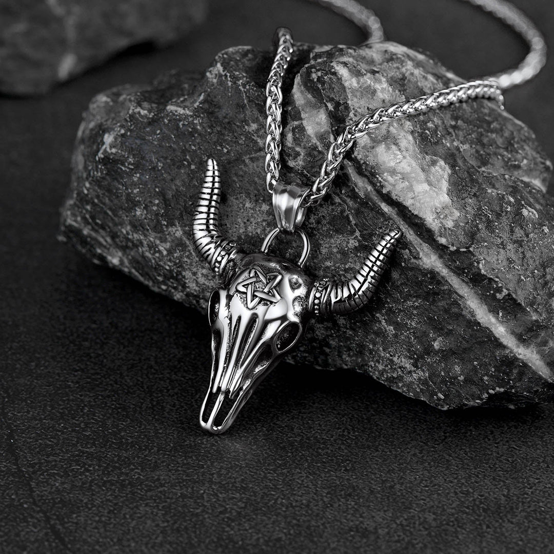 Flash Sale Satanic Bull Cow Skull Necklace with Invert Pentagram for Men