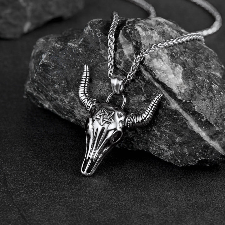 Flash Sale Satanic Bull Cow Skull Necklace with Invert Pentagram for Men