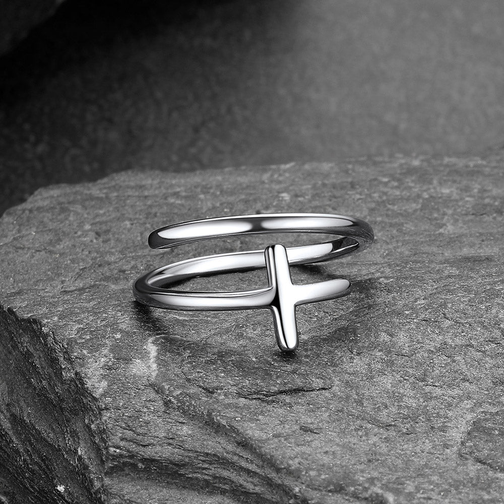 Sterling Silver Sideways Cross Ring Adjustable Open Ring for Women Men