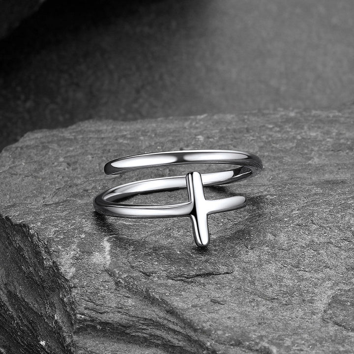 Sterling Silver Sideways Cross Ring Adjustable Open Ring for Women Men