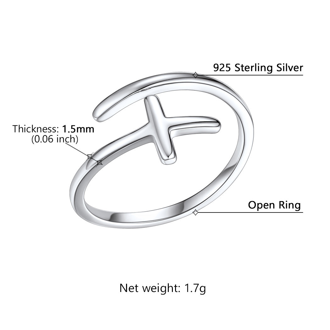 Sterling Silver Sideways Cross Ring Adjustable Open Ring for Women Men