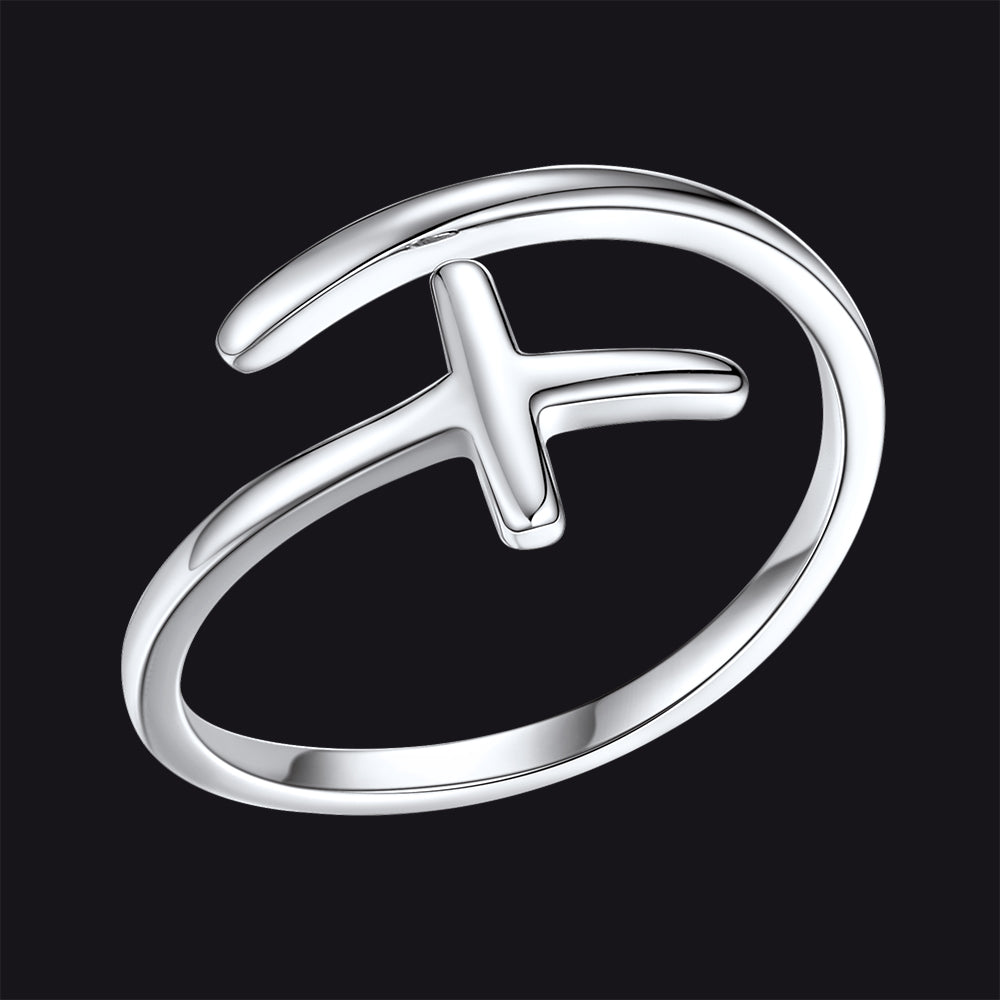 Sterling Silver Sideways Cross Ring Adjustable Open Ring for Women Men