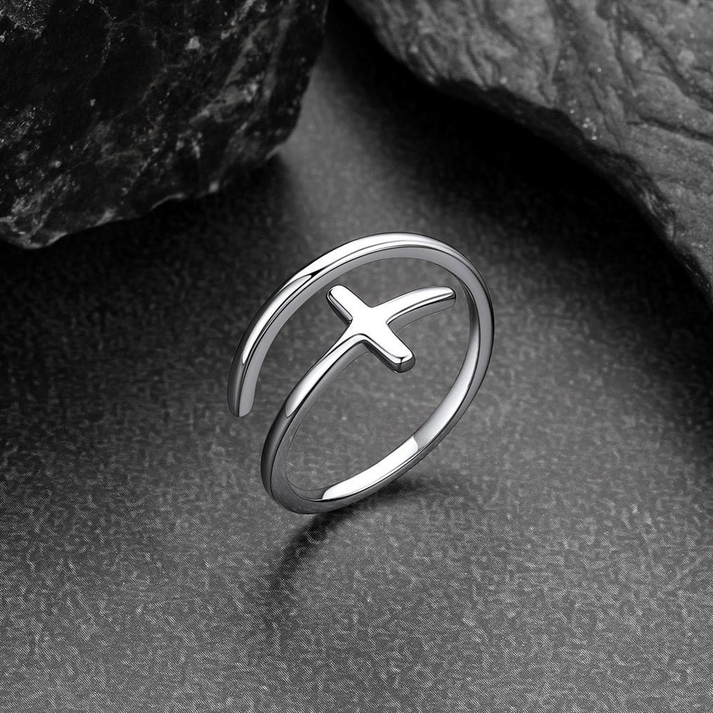 Sterling Silver Sideways Cross Ring Adjustable Open Ring for Women Men