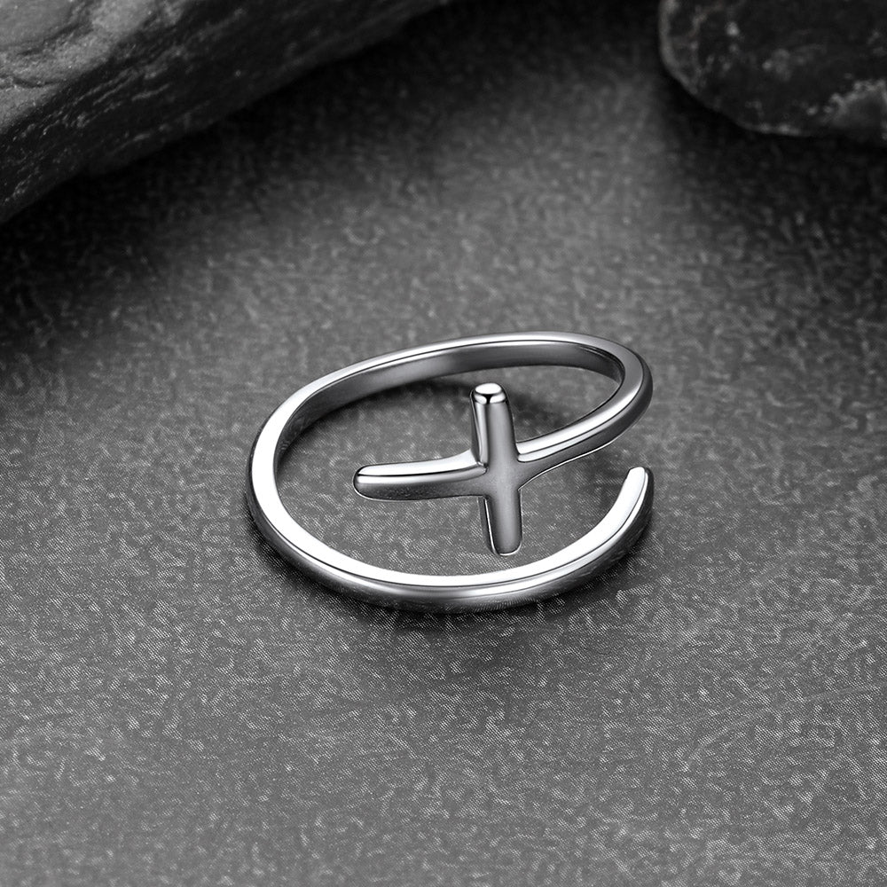Sterling Silver Sideways Cross Ring Adjustable Open Ring for Women Men