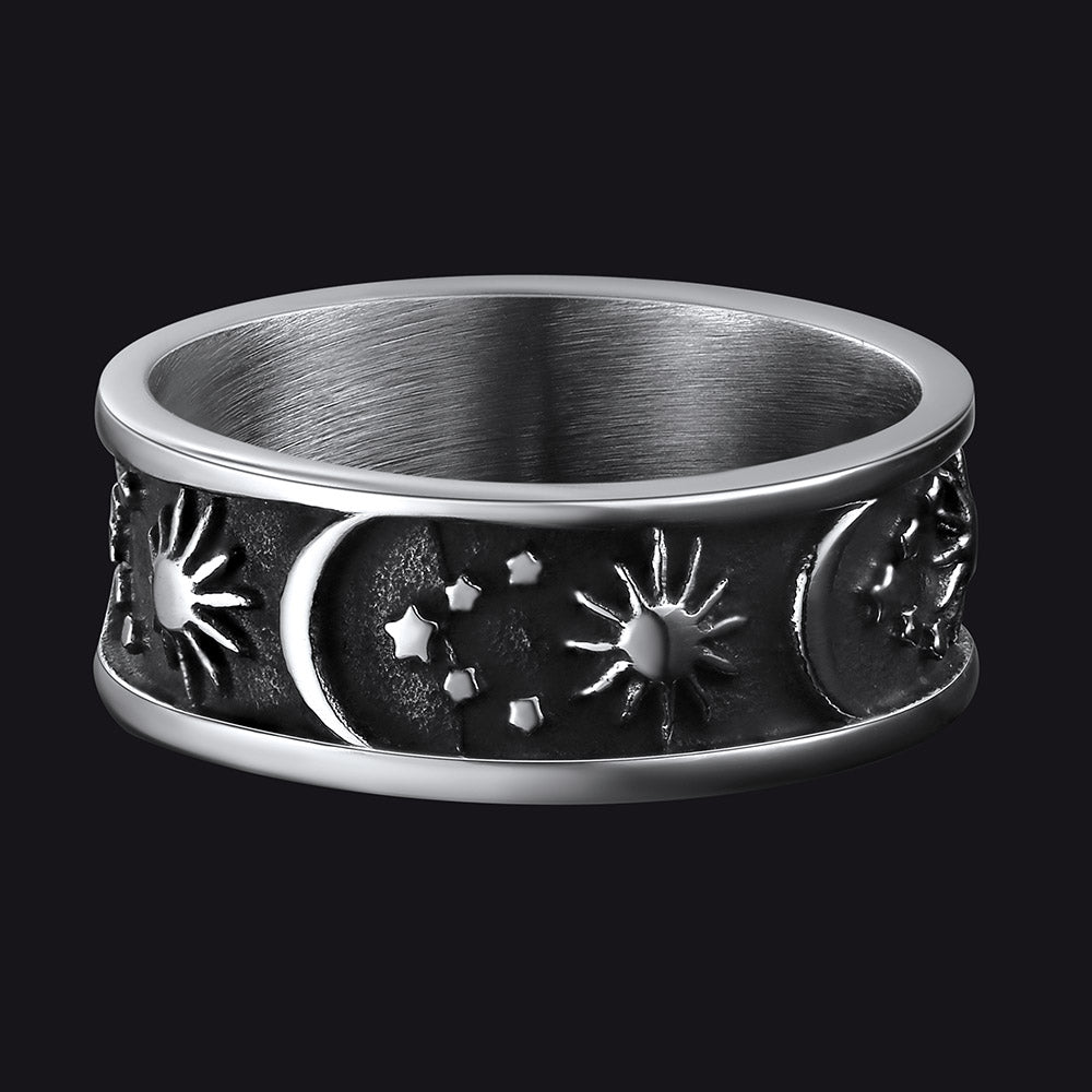 Stainless Steel Sun Moon Star Band Ring For Men