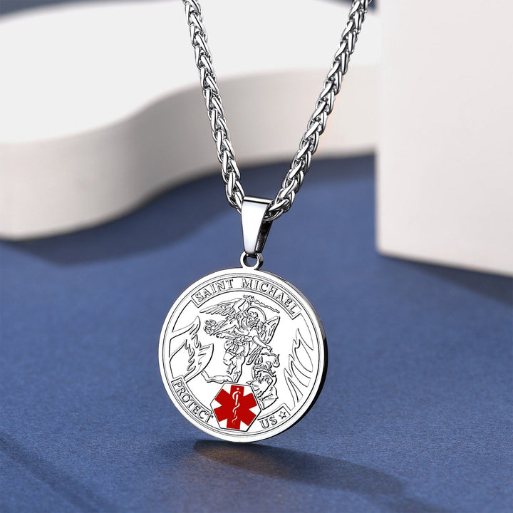 Engraved Saint Michael Medical Alert ID Pendant Necklace