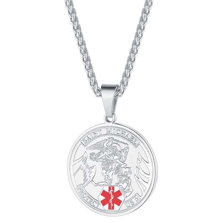 Engraved Saint Michael Medical Alert ID Pendant Necklace