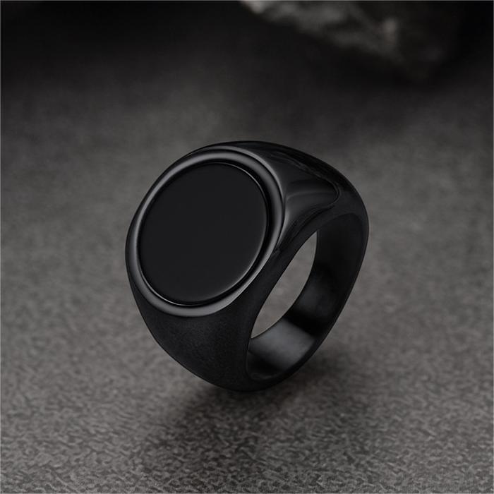 Round Black Onyx Signet Ring for Men Stainless Steel