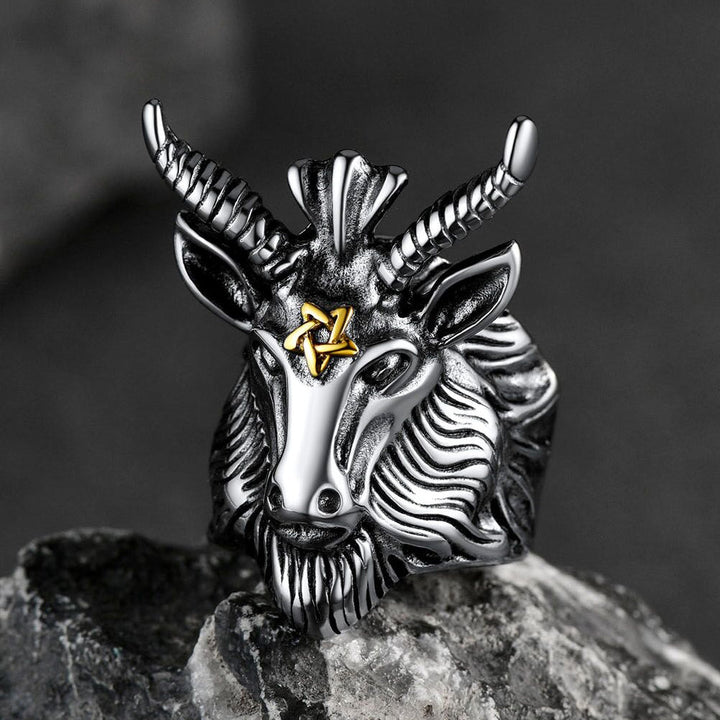 Satanic Baphomet Goat Ring For Men With Pentagram