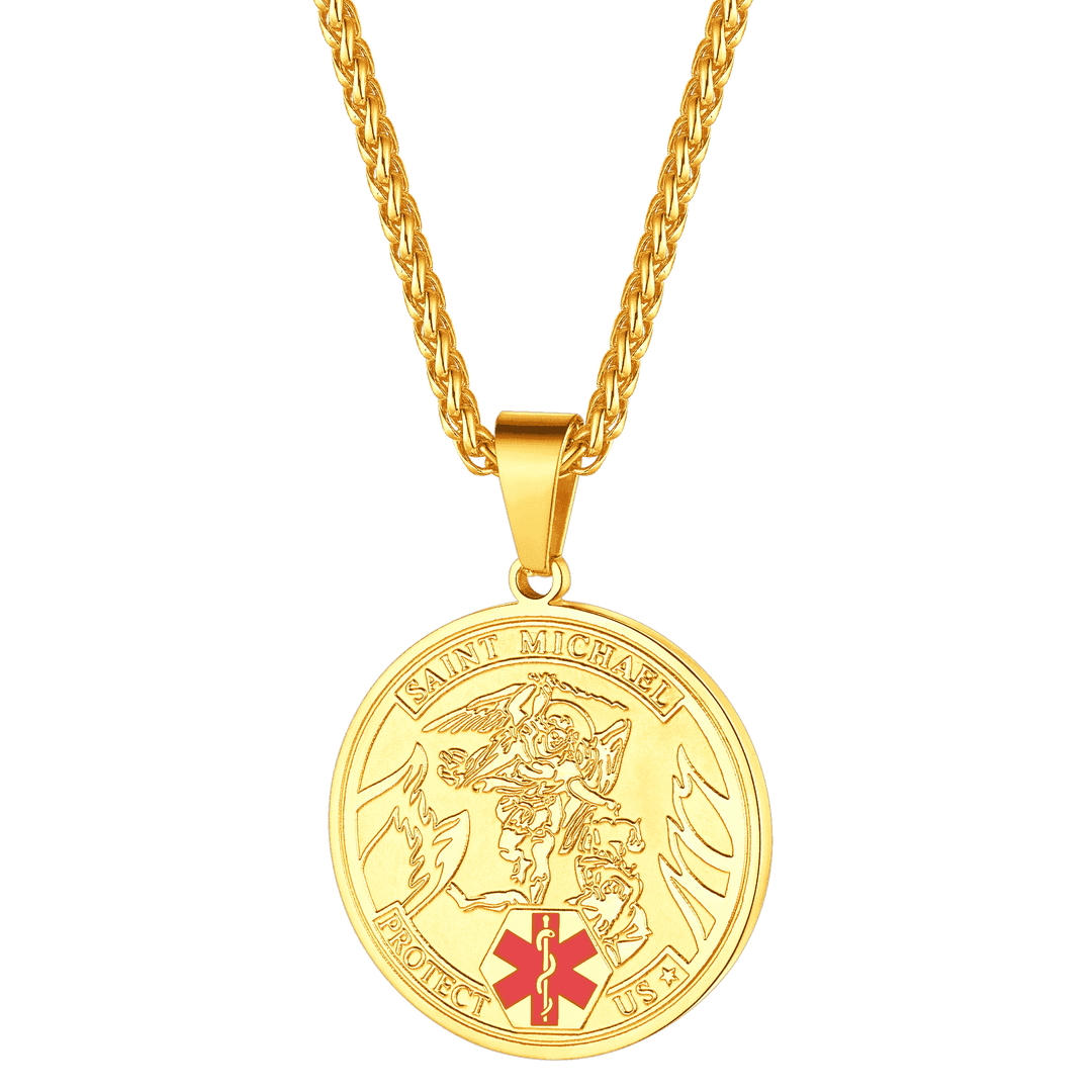 Engraved Saint Michael Medical Alert ID Pendant Necklace