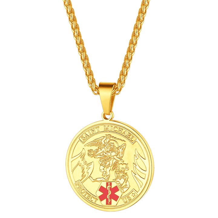 Engraved Saint Michael Medical Alert ID Pendant Necklace