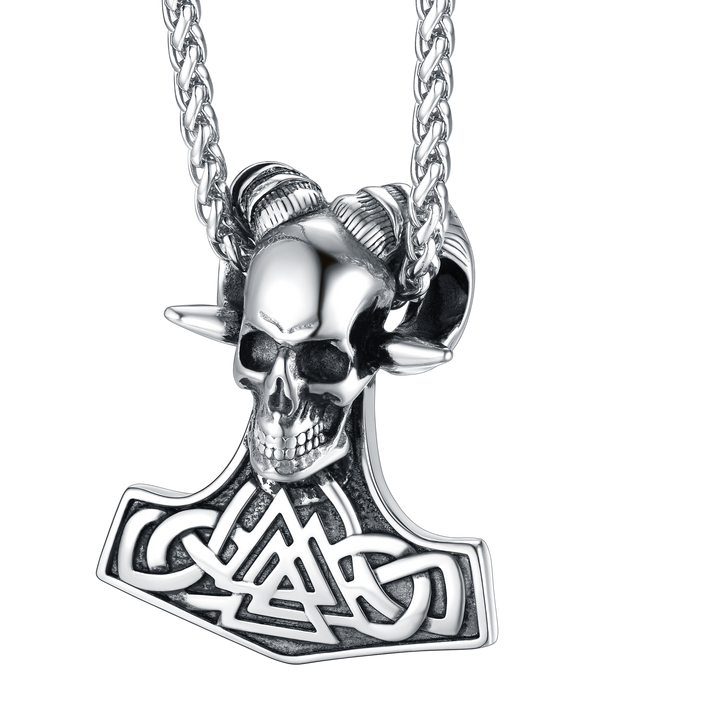 Viking Mjolnir Thor's Hammer Skull Necklace Pendant for Men