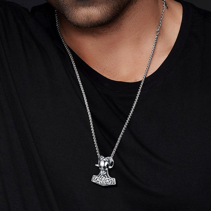 Viking Mjolnir Thor's Hammer Skull Necklace Pendant for Men